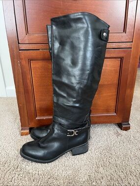 Black Tall Heeled Riding Boots with Buckle Detail